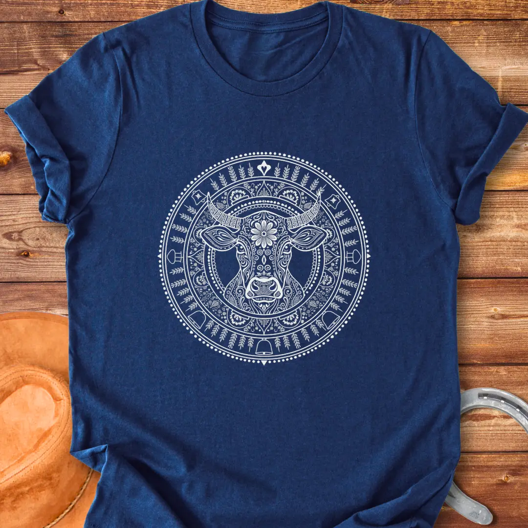 Intricate mandala design featuring a cow head on a black t-shirt