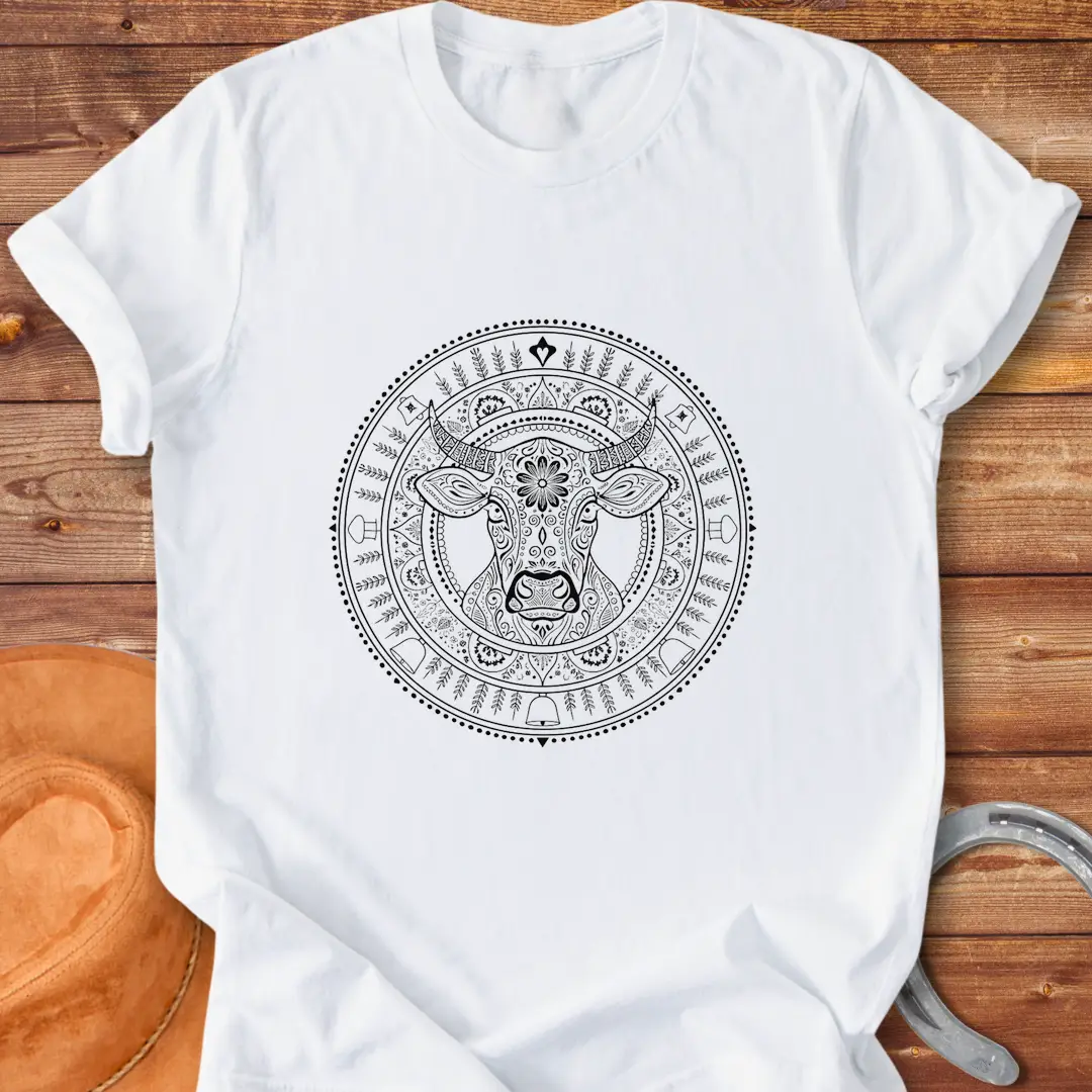 Intricate mandala design featuring a cow head on a black t-shirt