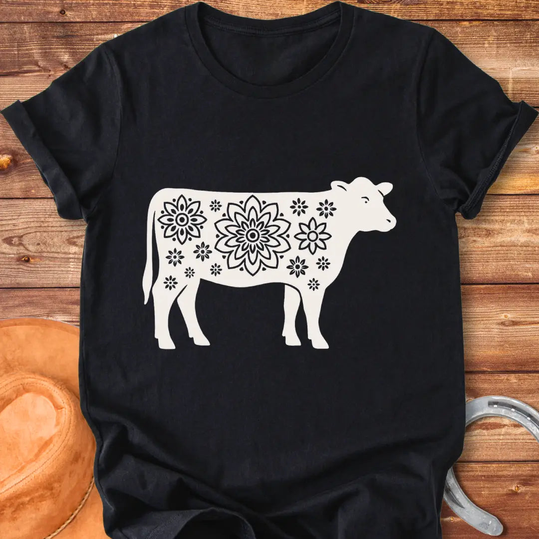 Mandala flower design on a cow silhouette t-shirt