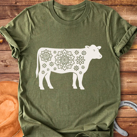 Mandala flower design on a cow silhouette t-shirt
