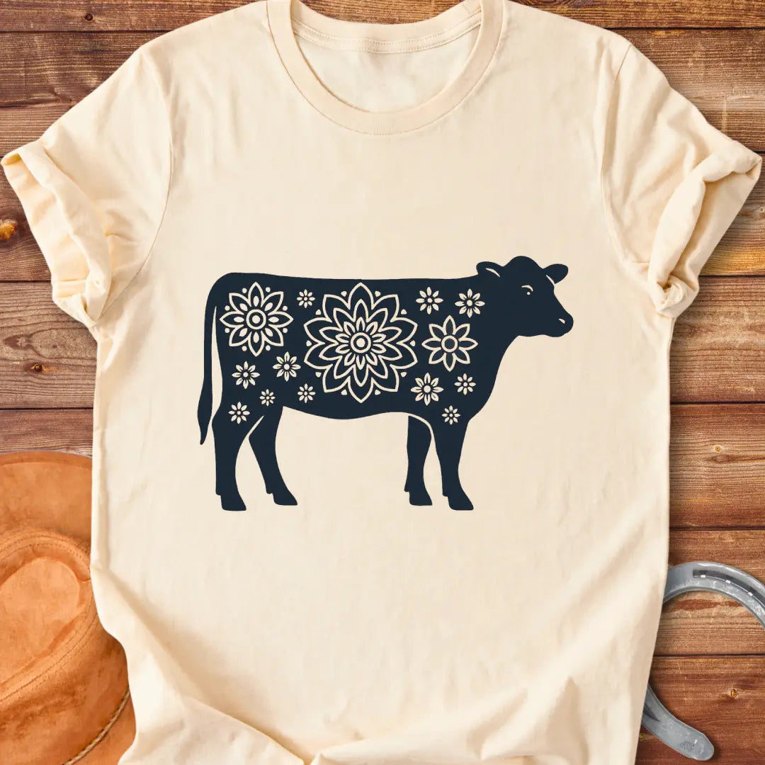 Mandala flower design on a cow silhouette t-shirt