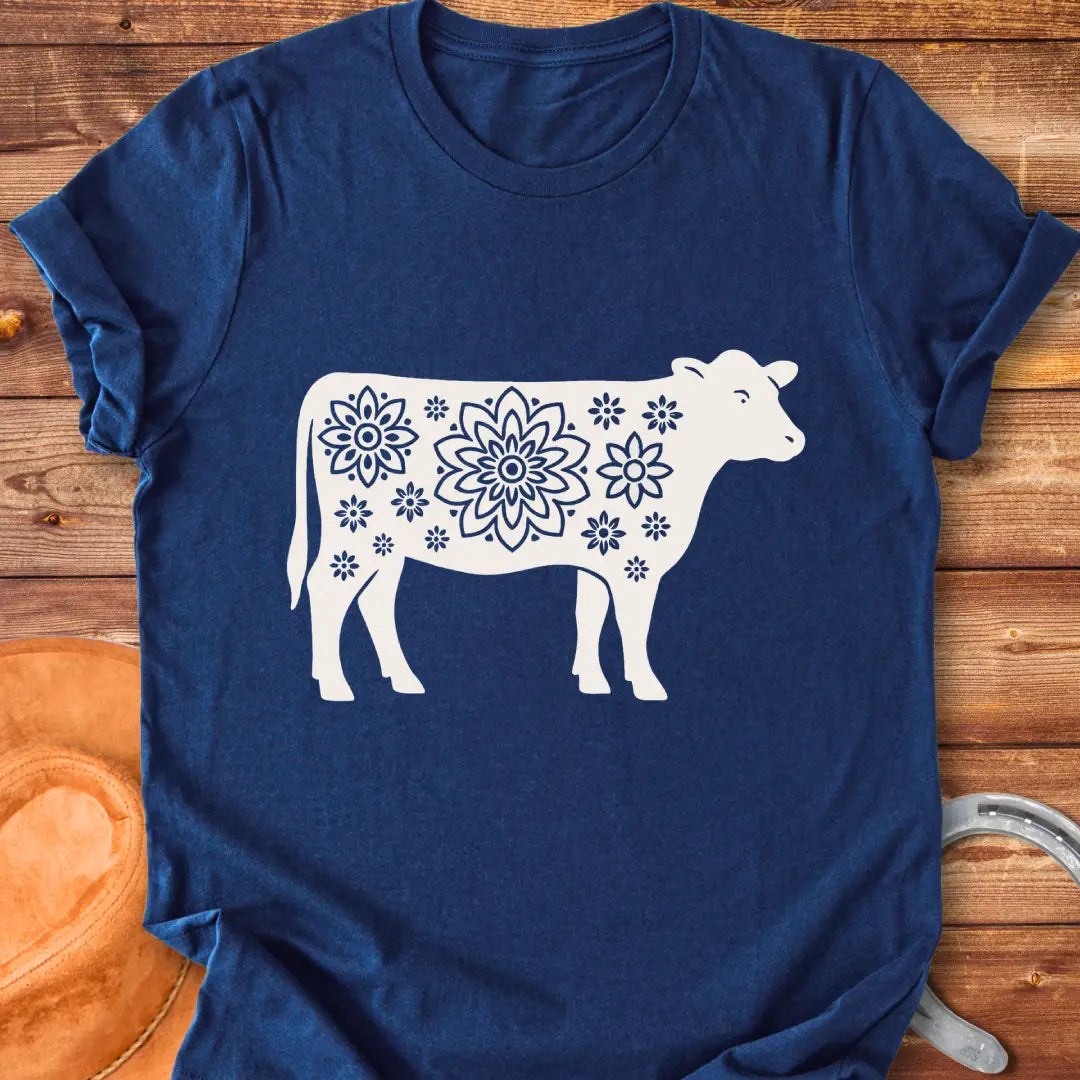 Mandala flower design on a cow silhouette t-shirt