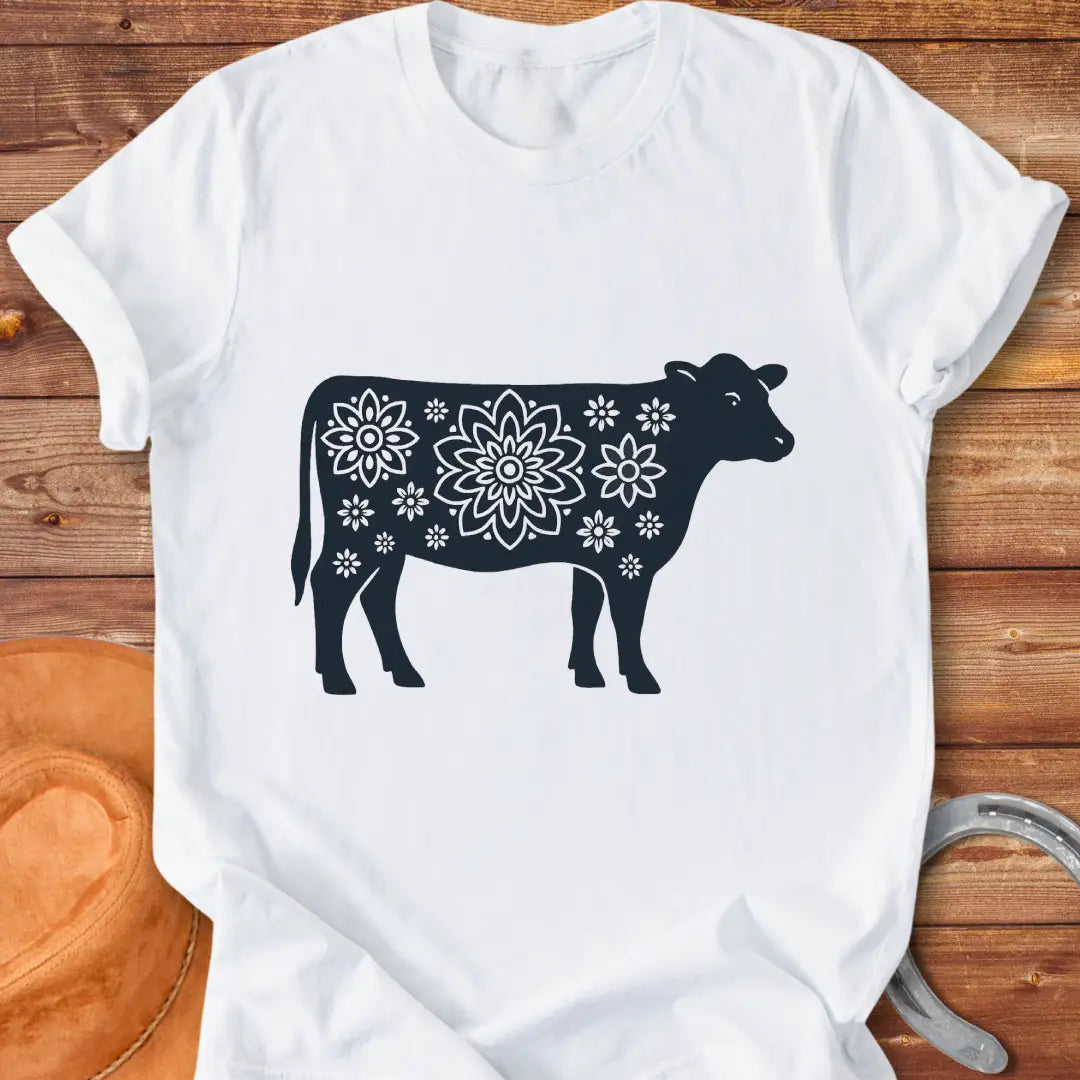 Mandala flower design on a cow silhouette t-shirt