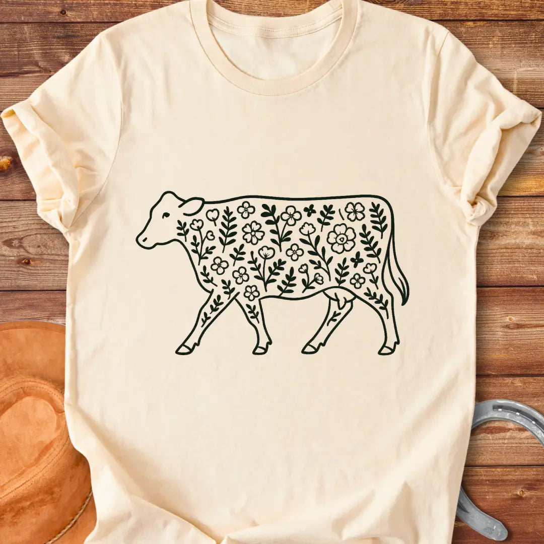 Black and white illustration of a cow with floral design inside.