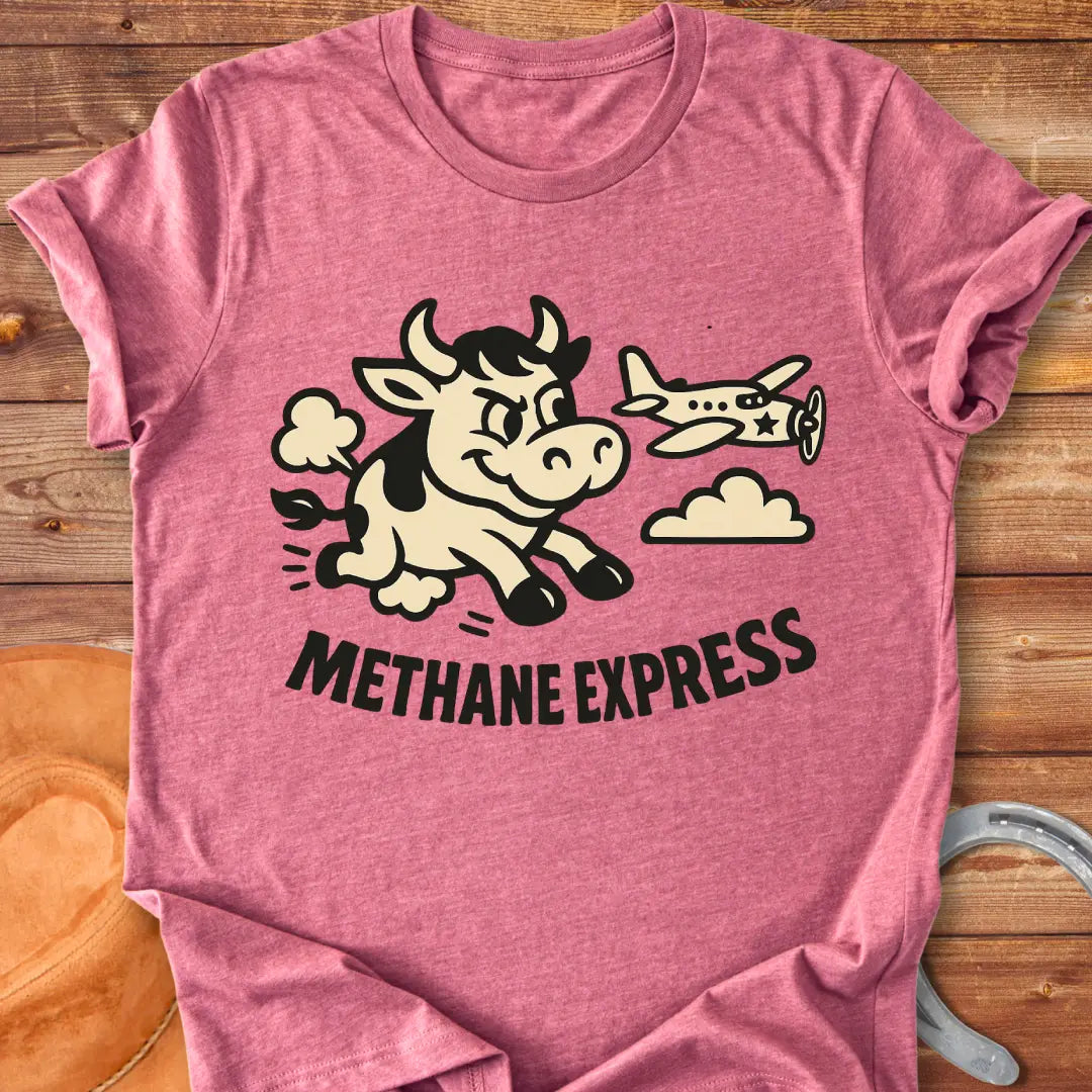 Cartoon cow running alongside airplane on black t-shirt, with the words Methane Express
