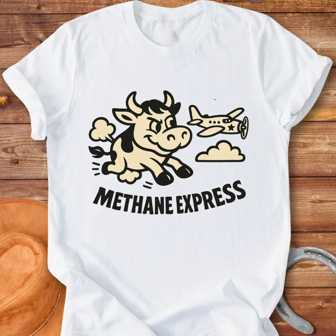 Cartoon cow running alongside airplane on black t-shirt, with the words Methane Express