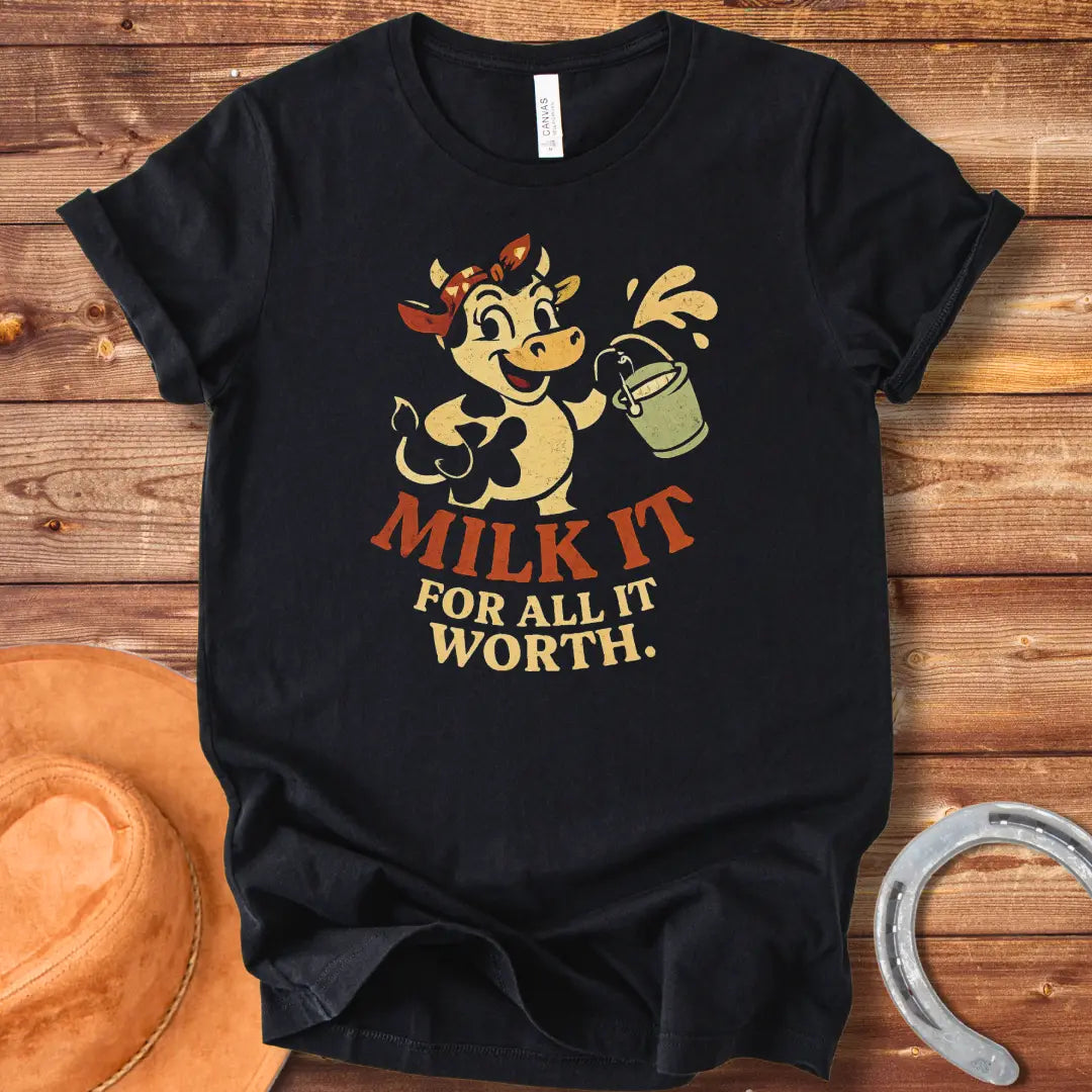 Happy cartoon cow holding a bucket of milk, vintage style t-shirt design. Text reads 'Milk It for all its worth.'