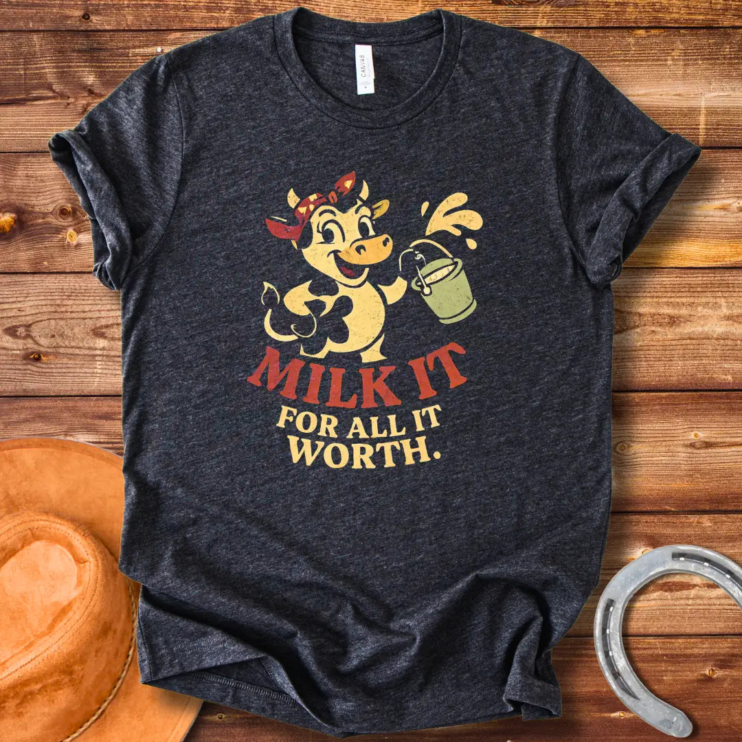 Happy cartoon cow holding a bucket of milk, vintage style t-shirt design. Text reads 'Milk It for all its worth.'