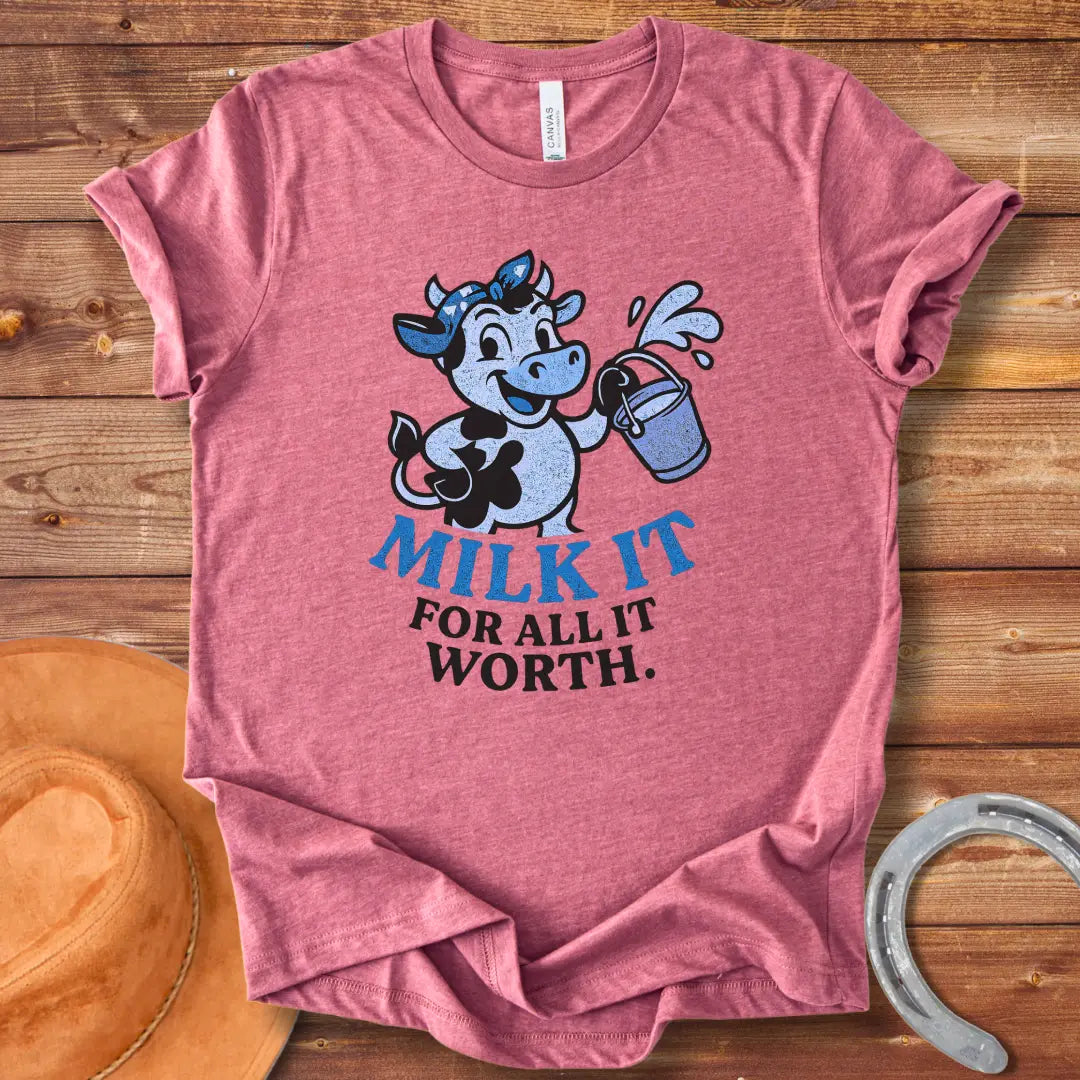 Happy cartoon cow holding a bucket of milk, vintage style t-shirt design. Text reads 'Milk It for all its worth.'
