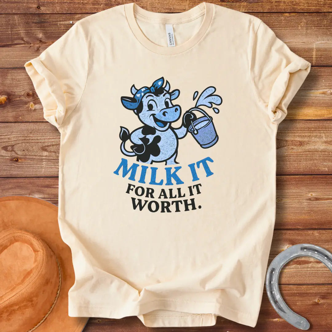 Happy cartoon cow holding a bucket of milk, vintage style t-shirt design. Text reads 'Milk It for all its worth.'