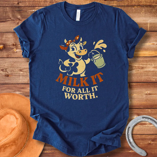 Happy cartoon cow holding a bucket of milk, vintage style t-shirt design. Text reads 'Milk It for all its worth.'