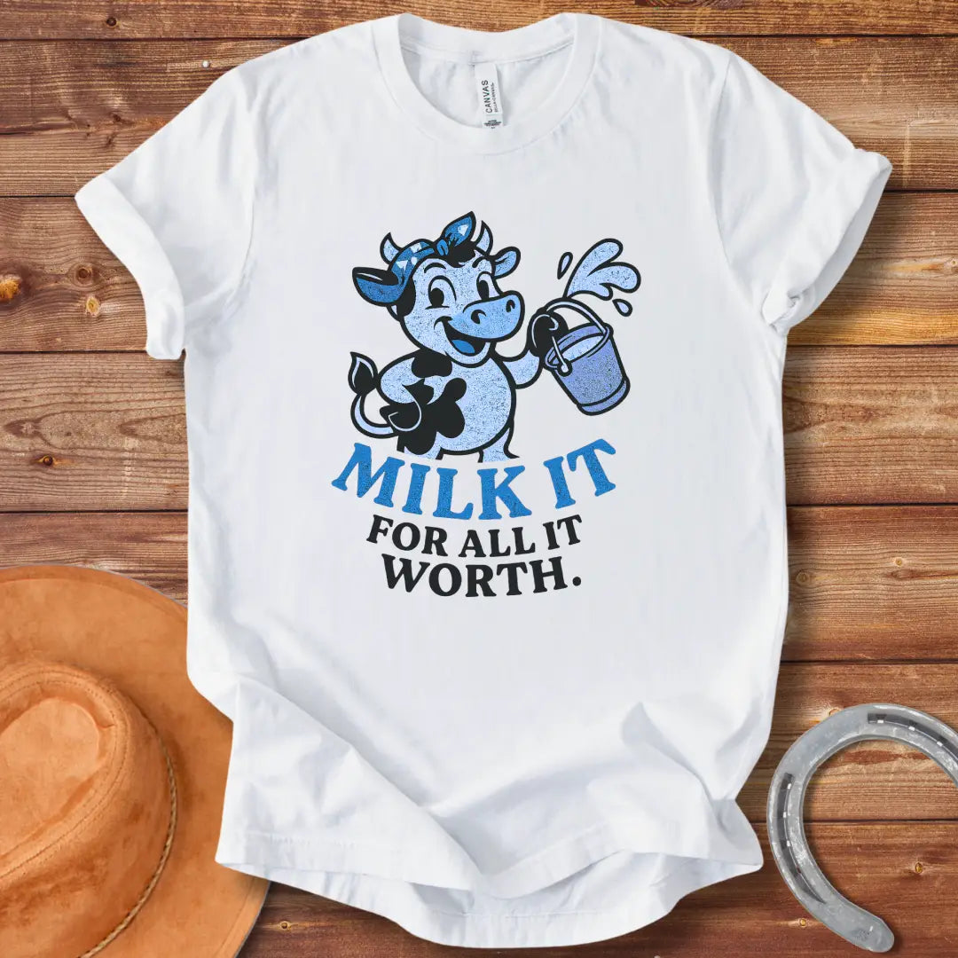 Happy cartoon cow holding a bucket of milk, vintage style t-shirt design. Text reads 'Milk It for all its worth.'