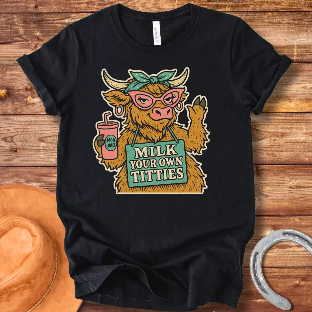 A stylish Highland cow wearing pink glasses and a headscarf holds a 'Moo Juice' drink and a sign that says 'Milk Your Own Titties'.
