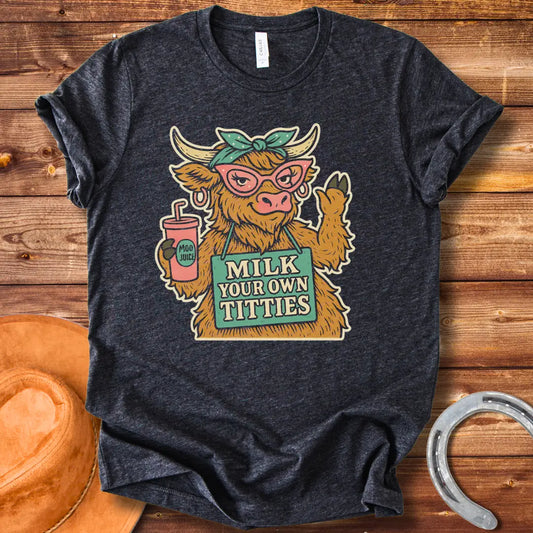 A stylish Highland cow wearing pink glasses and a headscarf holds a 'Moo Juice' drink and a sign that says 'Milk Your Own Titties'.