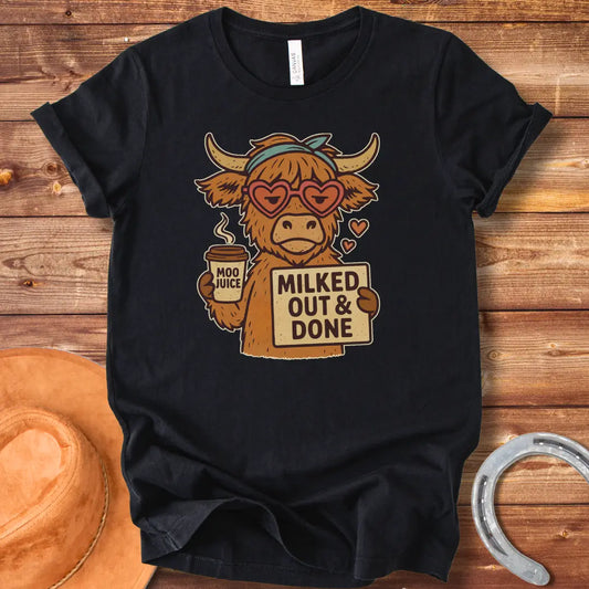 Illustration of a cool cow wearing heart-shaped sunglasses, holding 'Moo Juice' and a sign that says 'Milked Out & Done.'