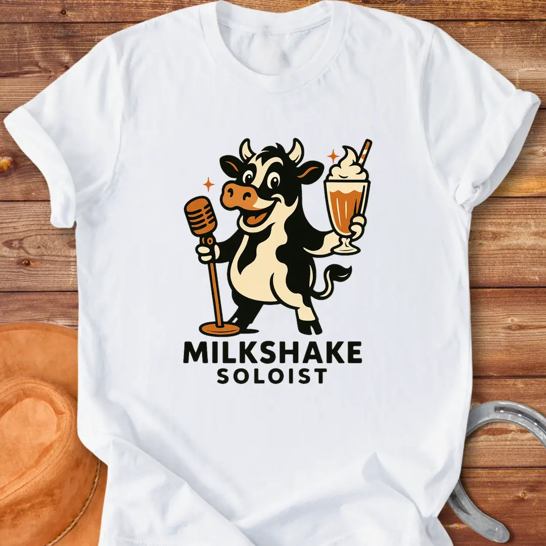 Milkshake Soloist T-Shirt featuring a cartoon cow holding a microphone and a milkshake with stars