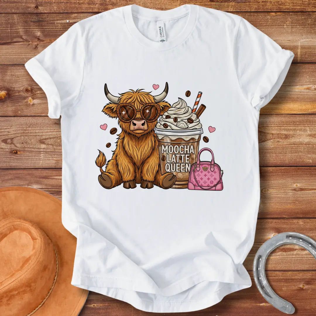 A cartoon image of a cute Highland cow wearing sunglasses, sitting next to a mocha latte and a pink purse that says 'Moocha Latte Queen' on it.