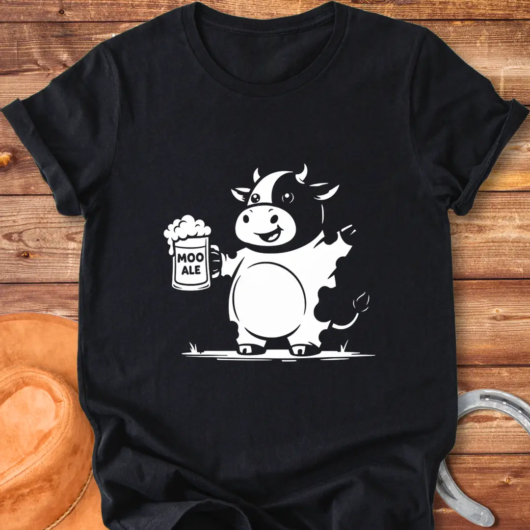 Line drawing of a cow holding a beer stein, with 'Moo Ale' text on the stein.
