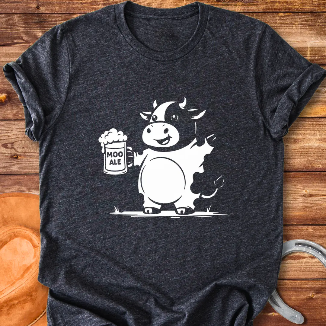 Line drawing of a cow holding a beer stein, with 'Moo Ale' text on the stein.