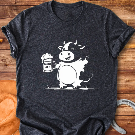 Line drawing of a cow holding a beer stein, with 'Moo Ale' text on the stein.