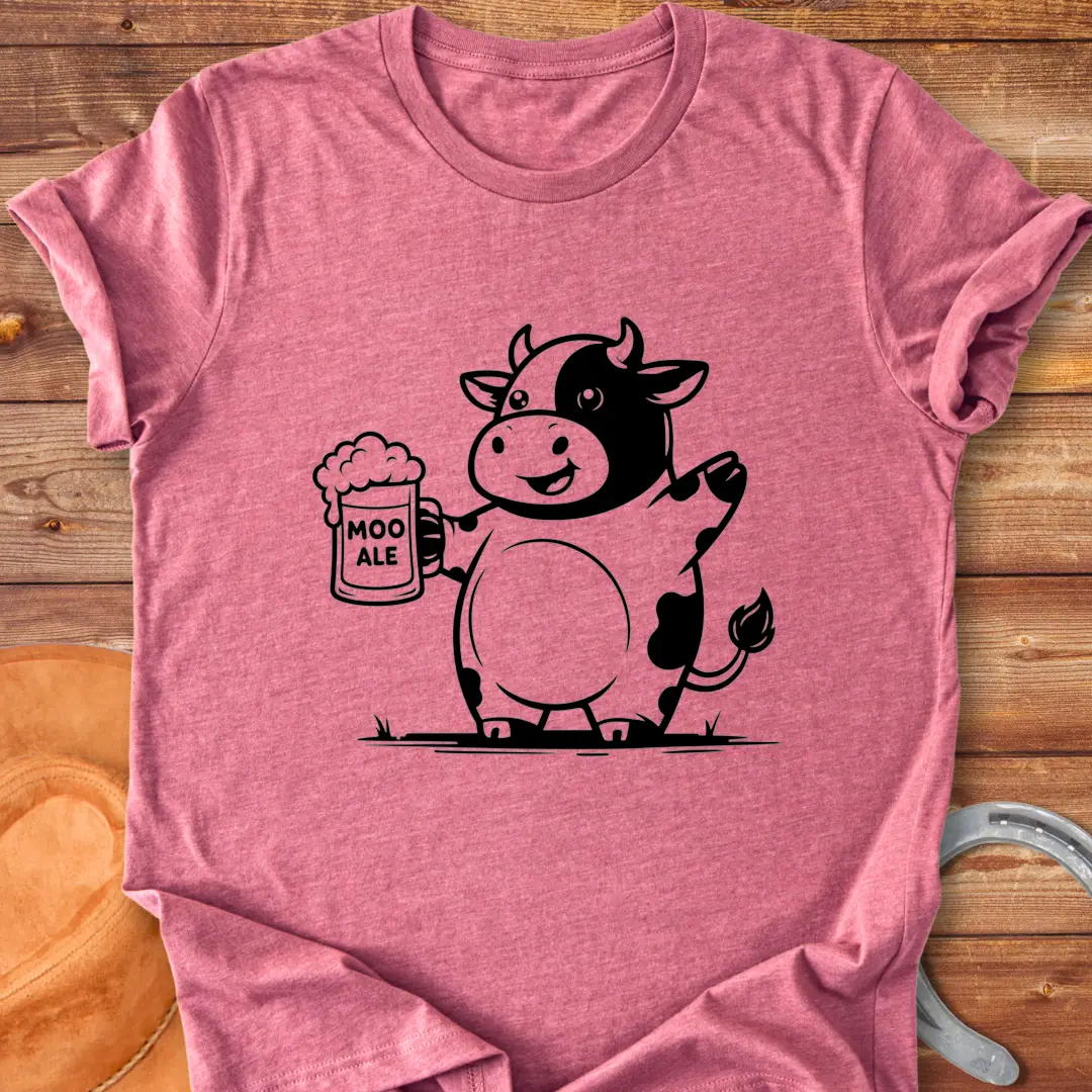 Line drawing of a cow holding a beer stein, with 'Moo Ale' text on the stein.