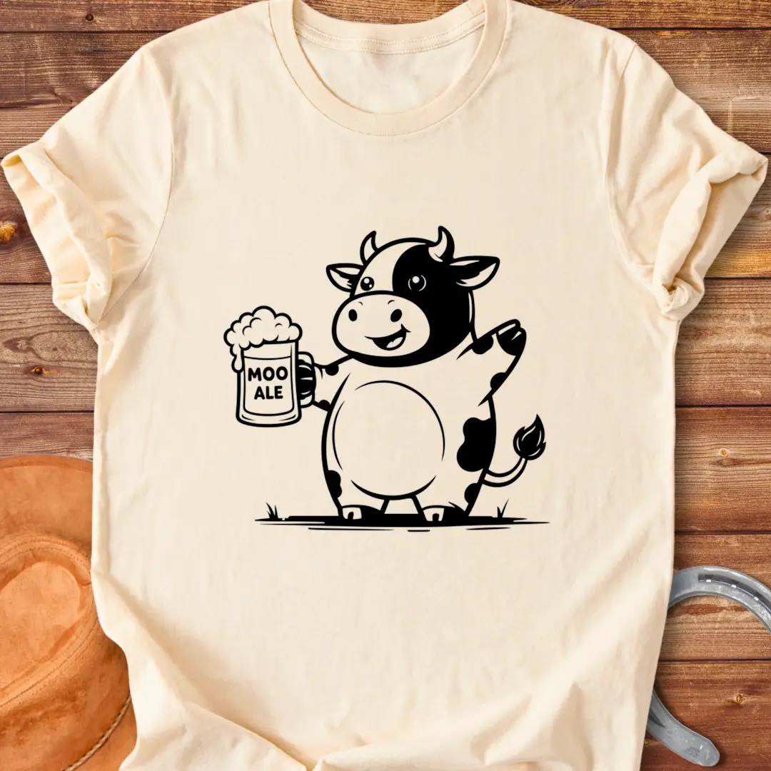 Line drawing of a cow holding a beer stein, with 'Moo Ale' text on the stein.