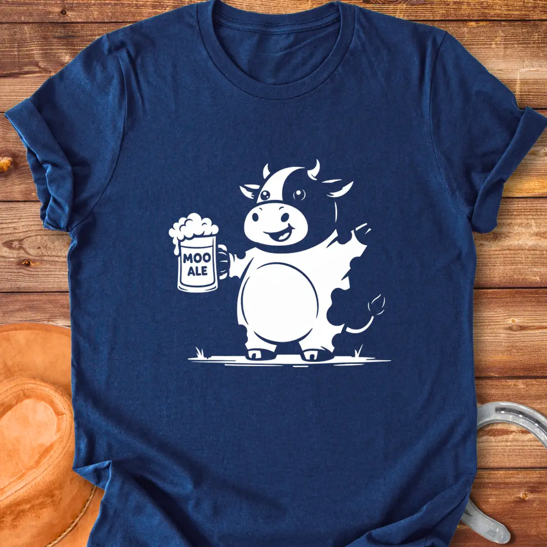 Line drawing of a cow holding a beer stein, with 'Moo Ale' text on the stein.