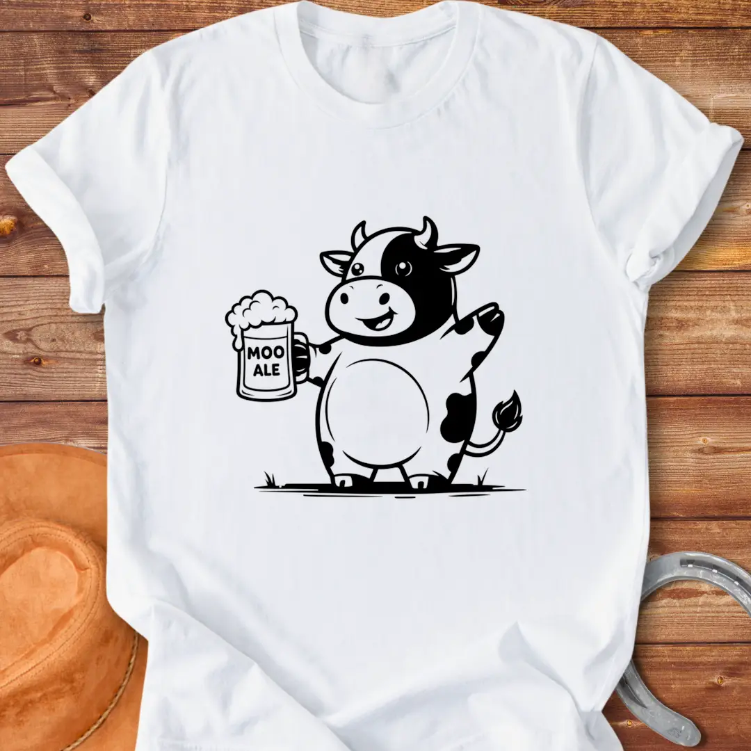 Line drawing of a cow holding a beer stein, with 'Moo Ale' text on the stein.