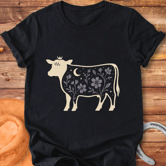 Silhouette of a Highland cow with a crown, moon, stars, and floral design, a dark aesthetic.
