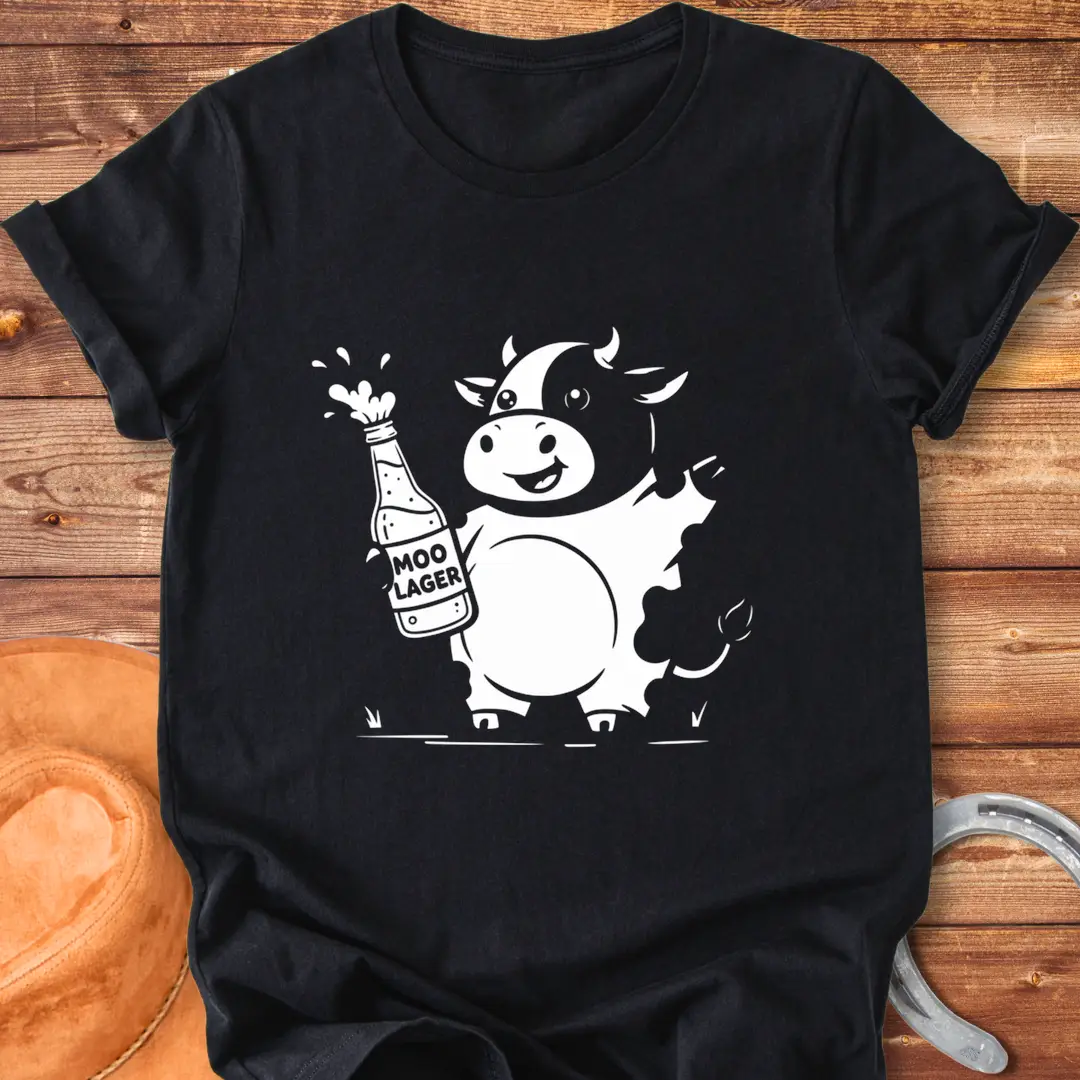 Illustration of a cow holding a champagne bottle and glass, celebrating, humor.