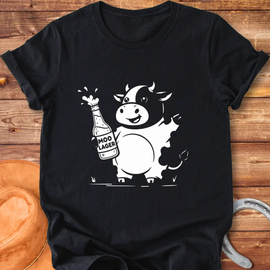 Illustration of a cow holding a champagne bottle and glass, celebrating, humor.