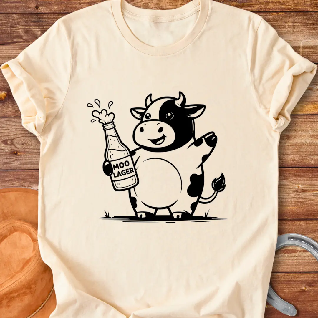 Illustration of a cow holding a champagne bottle and glass, celebrating, humor.