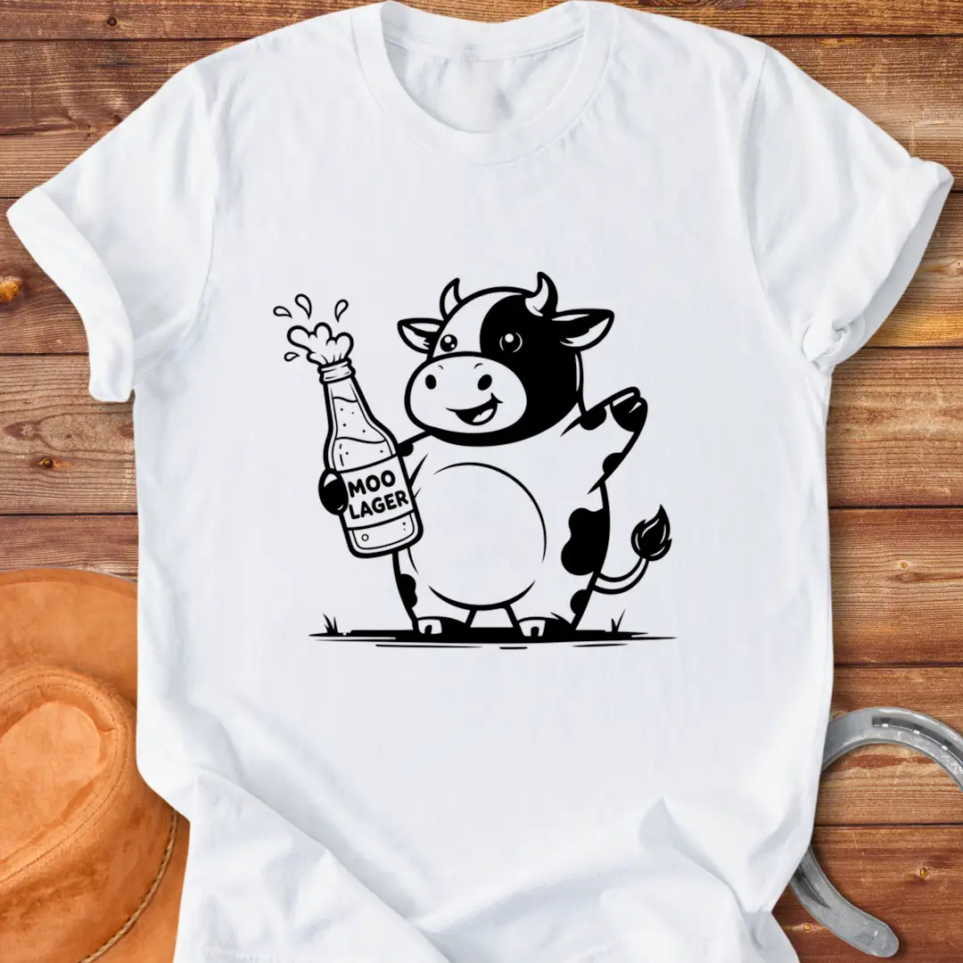 Illustration of a cow holding a champagne bottle and glass, celebrating, humor.