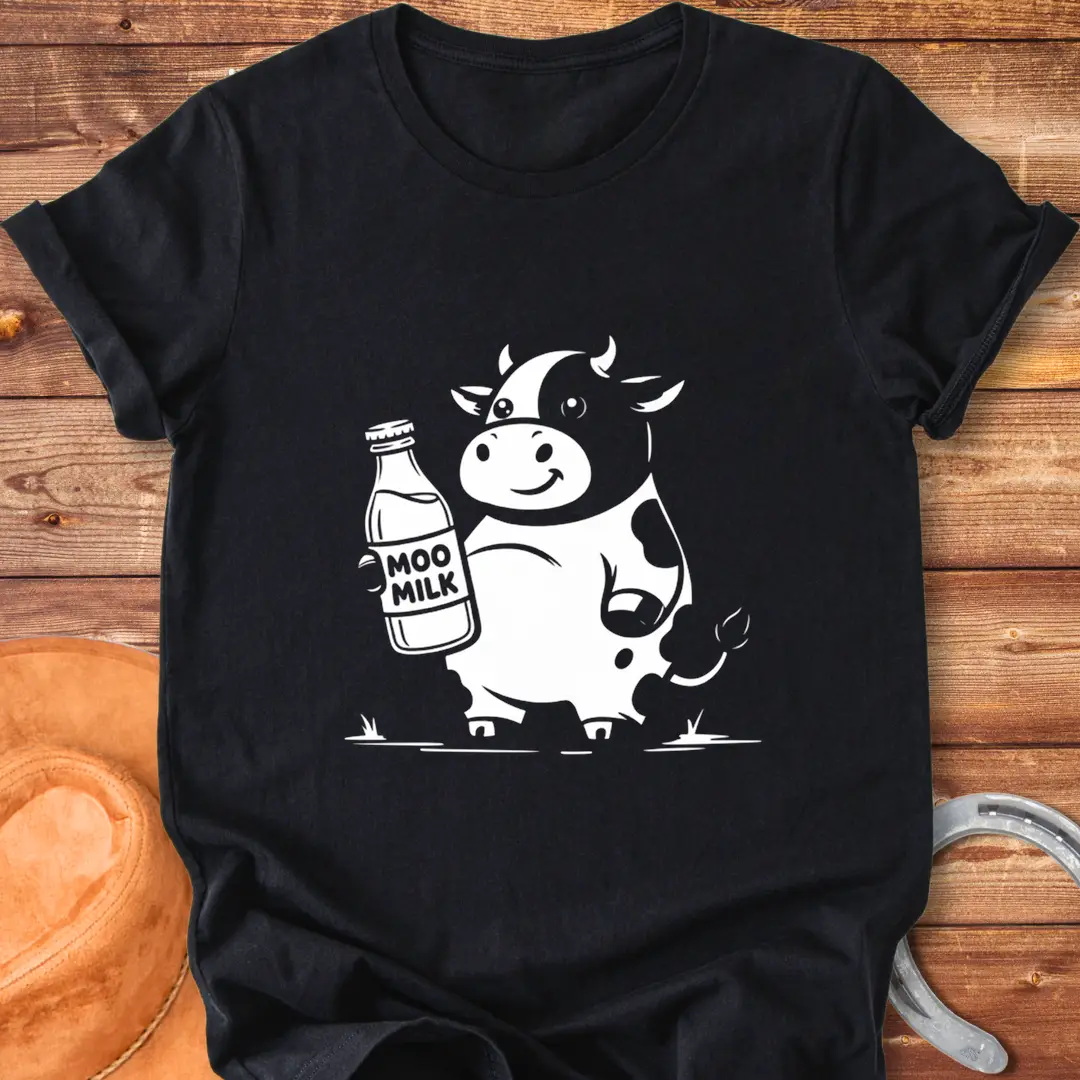 Moo Milk T-Shirt featuring a happy cow holding a milk bottle.