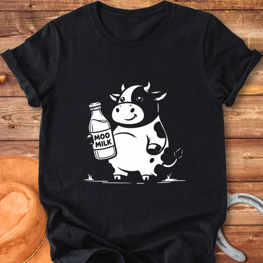 Moo Milk T-Shirt featuring a happy cow holding a milk bottle.