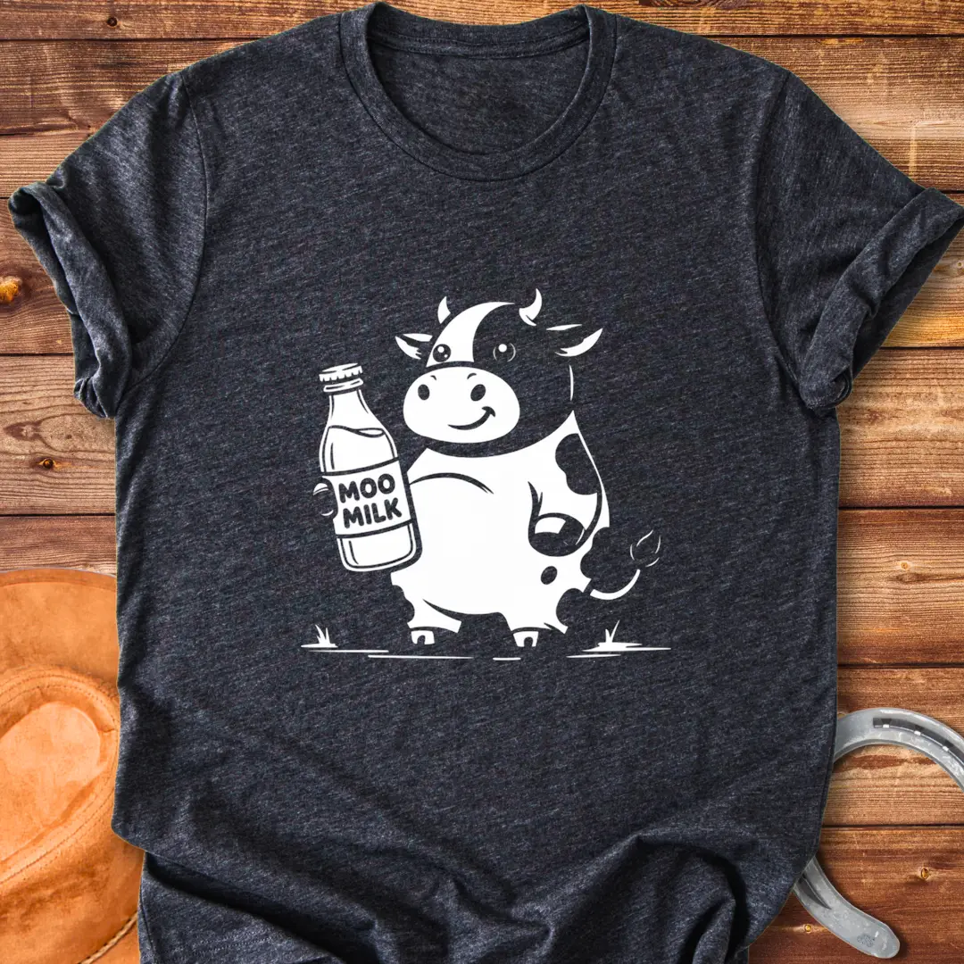 Moo Milk T-Shirt featuring a happy cow holding a milk bottle.