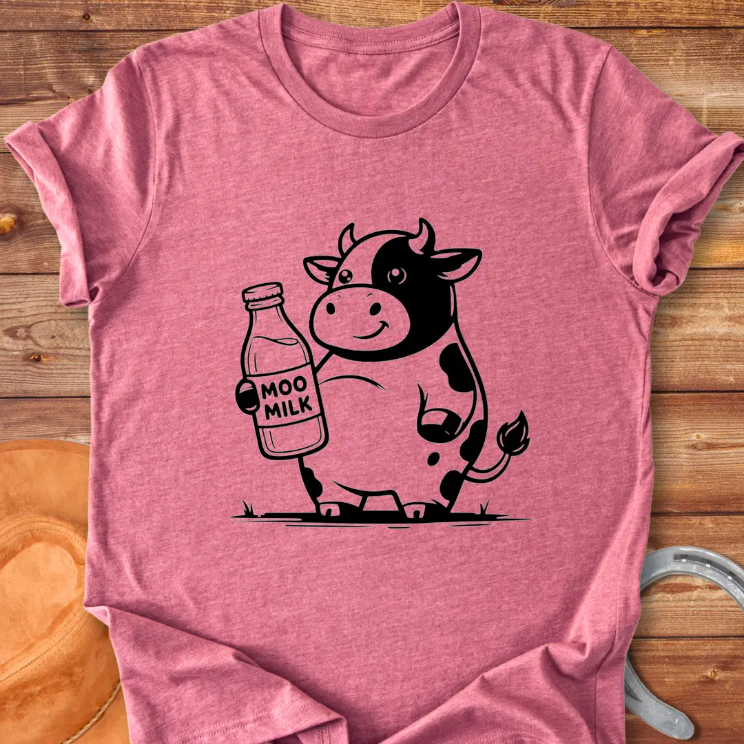 Moo Milk T-Shirt featuring a happy cow holding a milk bottle.