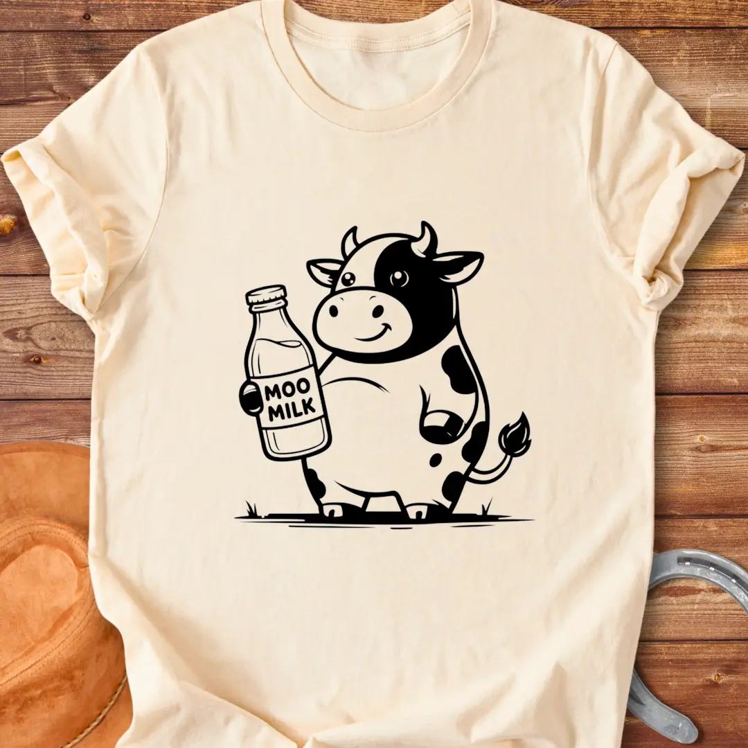 Moo Milk T-Shirt featuring a happy cow holding a milk bottle.