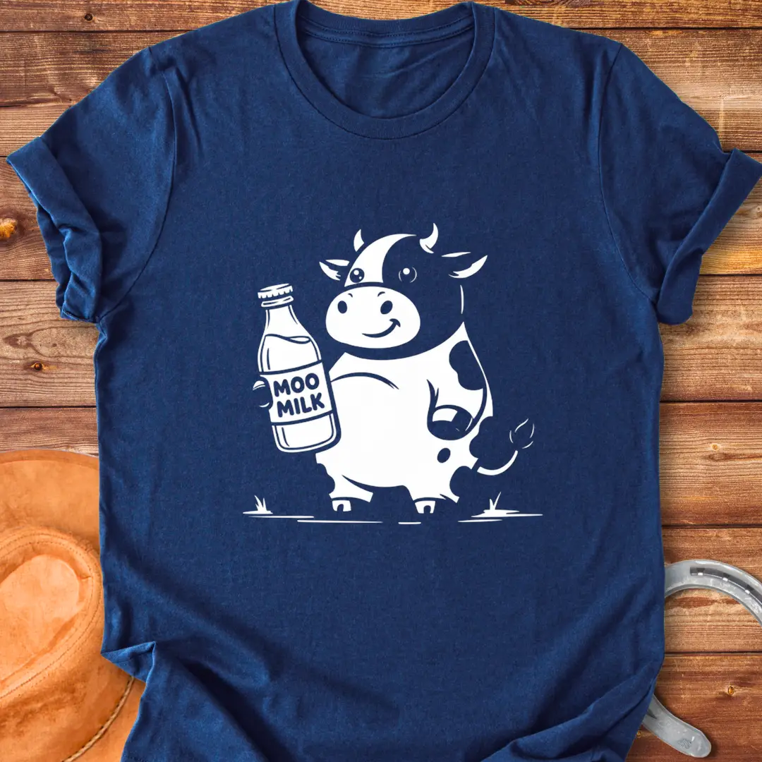 Moo Milk T-Shirt featuring a happy cow holding a milk bottle.