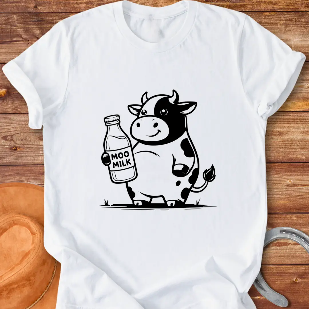 Moo Milk T-Shirt featuring a happy cow holding a milk bottle.