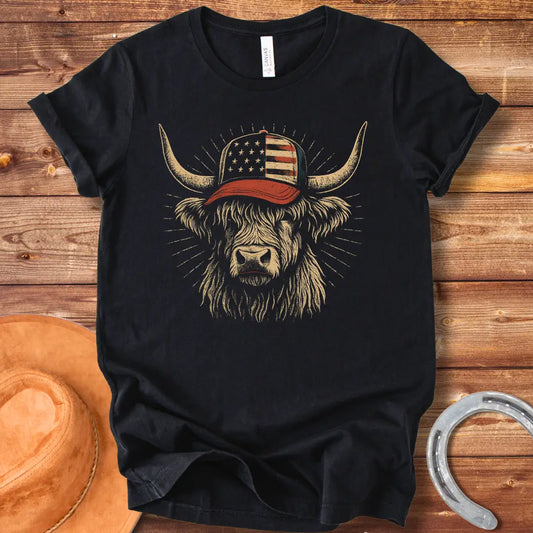 Illustration of a Highland cow wearing an American flag baseball cap, with sun rays emanating from behind the cow's head.