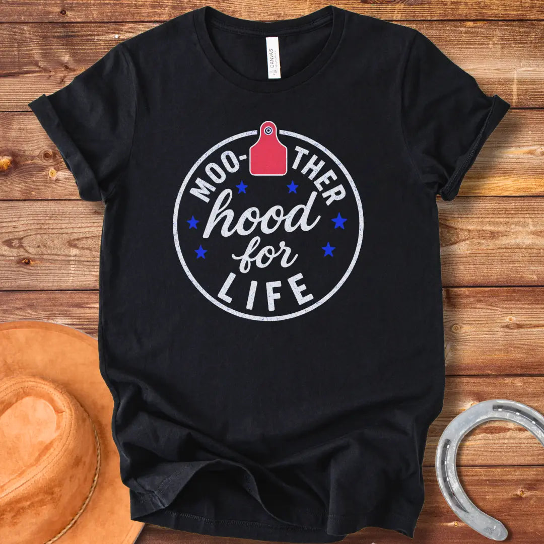 Mother cow with calf design and the text “Moo-therhood For Life”