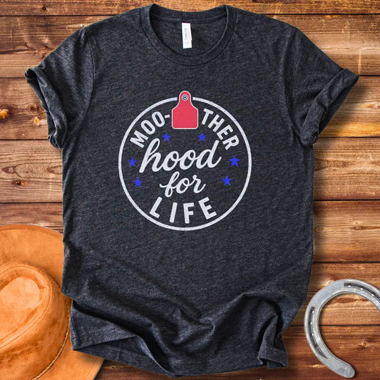 Mother cow with calf design and the text “Moo-therhood For Life”