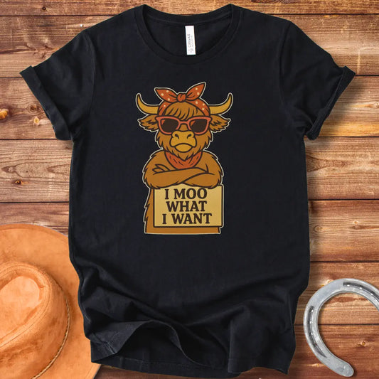 Cool cow with sunglasses and a bandana holding a sign that says 'I Moo What I Want'