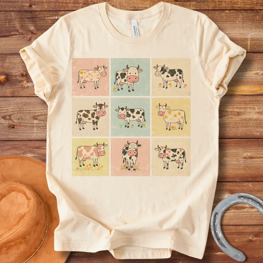Moo-zaic T-Shirt featuring a mosaic of cute cartoon cows in a variety of colors and patterns, representing the different breeds with floral elements.