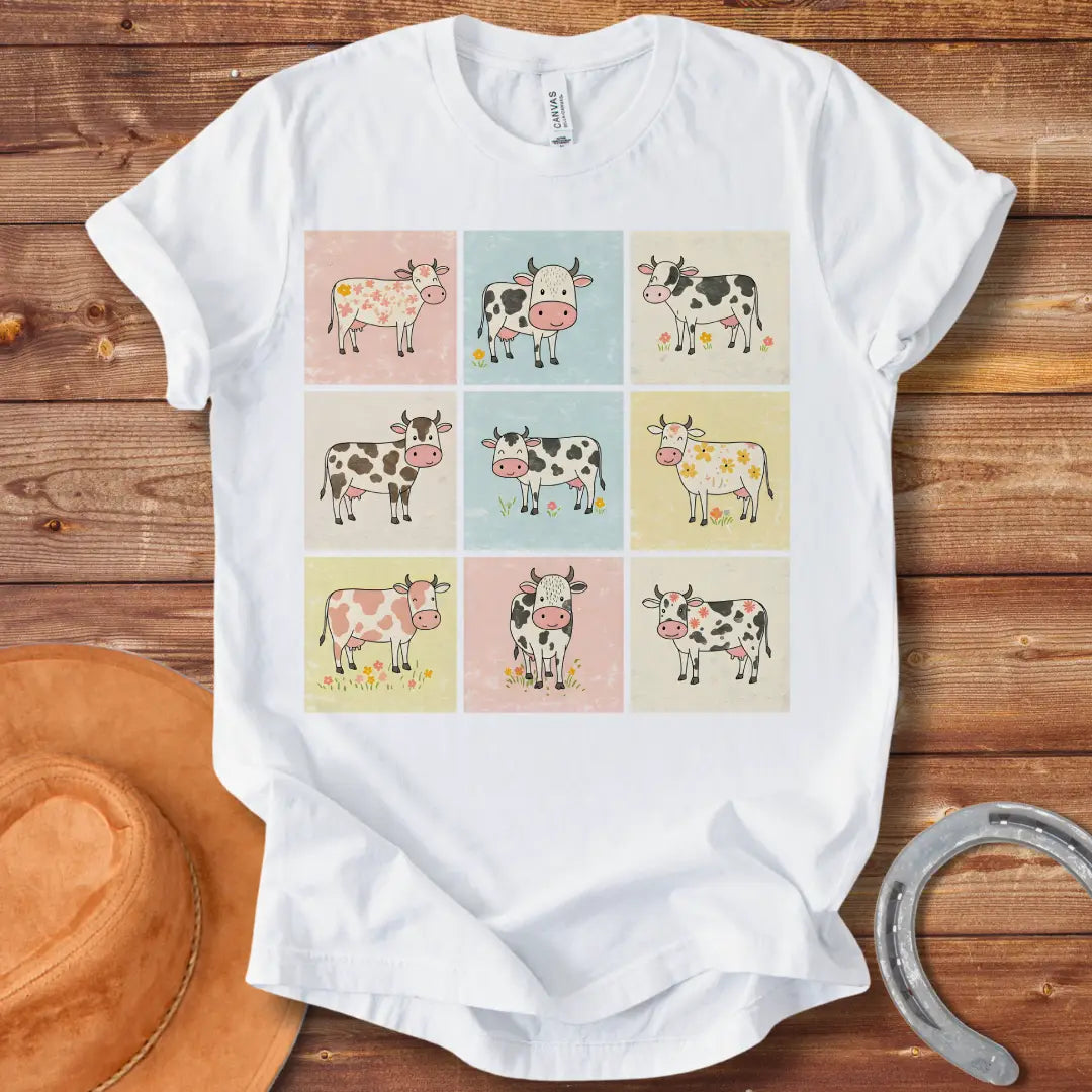 Moo-zaic T-Shirt featuring a mosaic of cute cartoon cows in a variety of colors and patterns, representing the different breeds with floral elements.