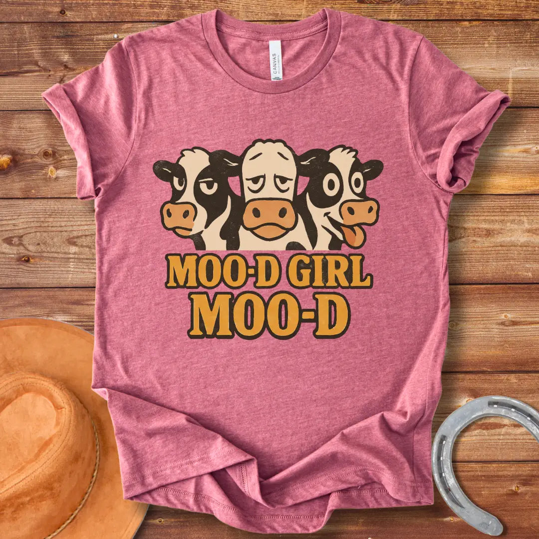 Mood Girl Mood T-Shirt design featuring three cartoon cows in different moods.