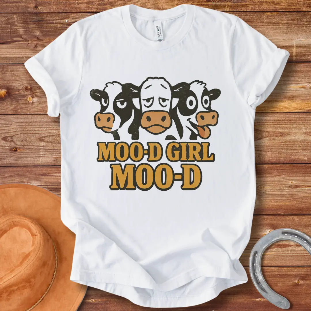 Mood Girl Mood T-Shirt design featuring three cartoon cows in different moods.