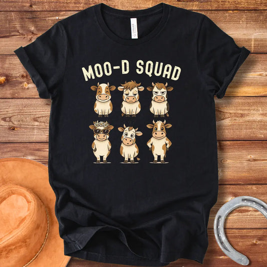 Illustration of six cartoon cows, each representing a different mood, with the words 'Mood Squad' above them.