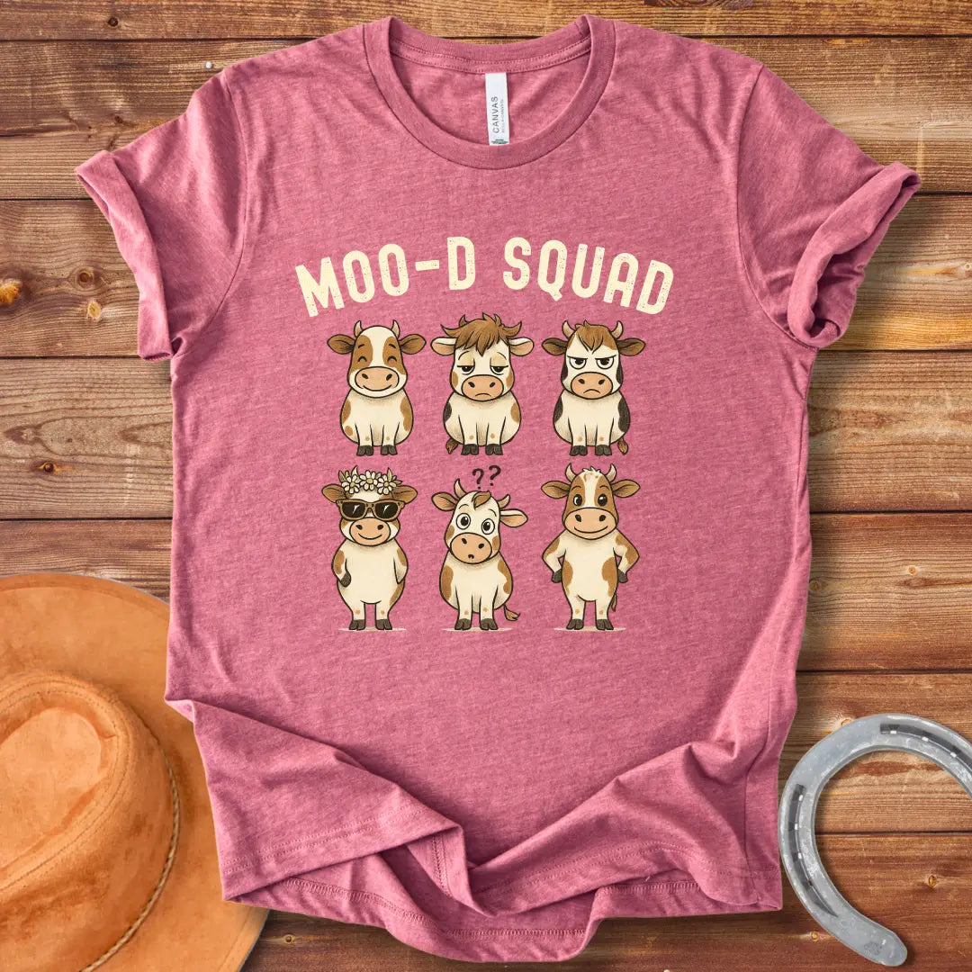 Illustration of six cartoon cows, each representing a different mood, with the words 'Mood Squad' above them.